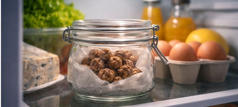 Truffes magiques conservées dans un bocal hermétique au réfrigérateur pour prolonger leur durée de vie