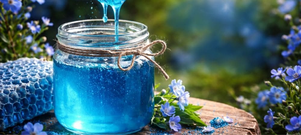  Miel azul artesanal en tarro de cristal, con textura líquida y color azul intenso
