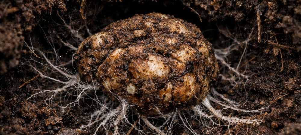 Truffe magique entourée de mycélium dans le substrat, exemple visuel pour comprendre que sont les truffes magiques