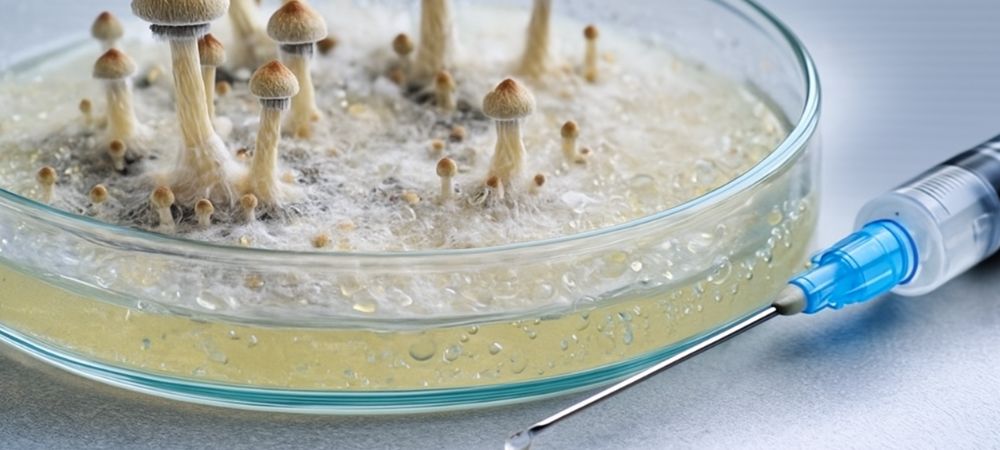 Placa de Petri con micelio y pequeñas setas creciendo sobre un medio de cultivo, acompañada de una jeringa utilizada para inoculación micológica