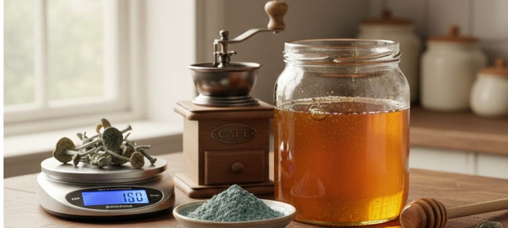 Preparación de miel azul con miel cruda y setas, ingredientes pesados y listos para mezclar
