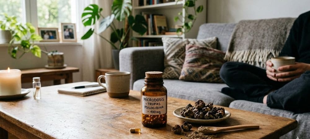 Microdosis de trufas en entorno doméstico con cápsulas y frasco etiquetado
