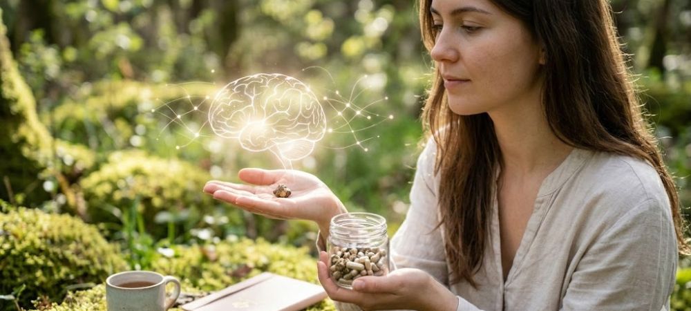 Microdosificación de trufas con frasco abierto y representación gráfica del cerebro
