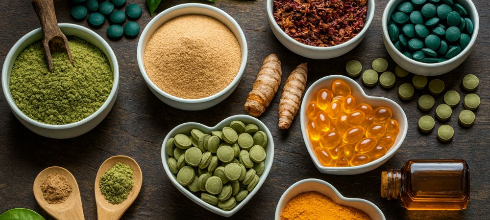 Une variété d'adaptogènes sous forme de gélules, de poudres et d'extraits naturels présentés dans des bols artisanaux pour illustrer les compléments alimentaires anti-stress et énergisants