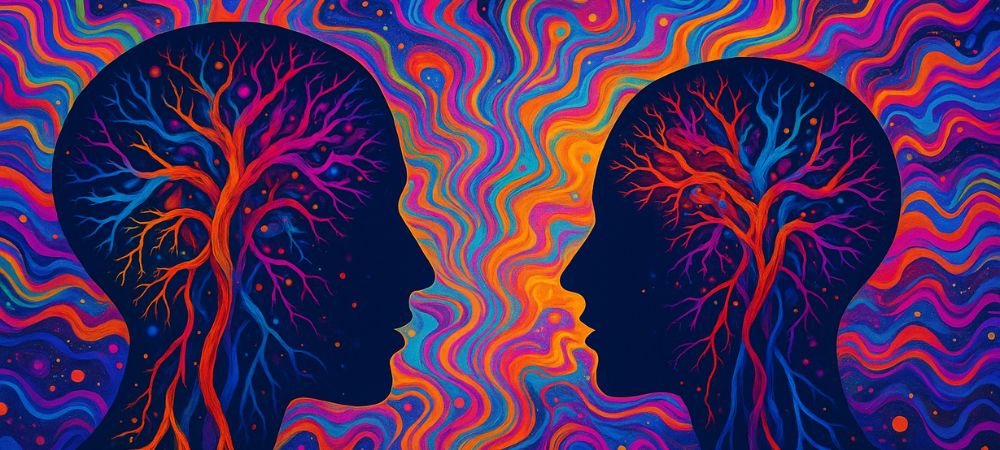  dos siluetas humanas enfrentadas, con ramas y conexiones internas en colores vibrantes, sobre un fondo ondulado y psicodélico en tonos naranjas, azules y morados