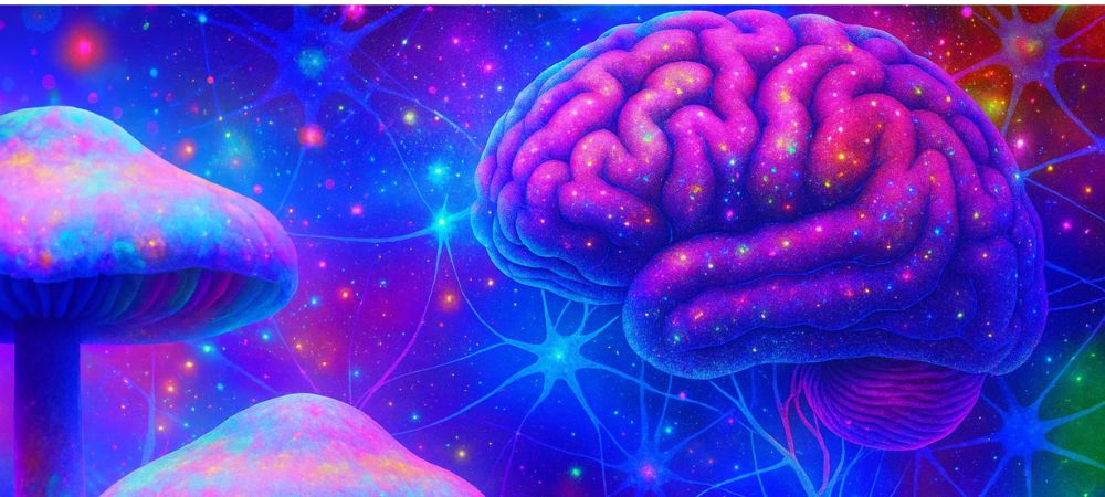  cerebro brillante en tonos púrpura y azul rodeado de setas luminosas de colores neón, sobre un fondo lleno de conexiones neuronales resplandecientes.
