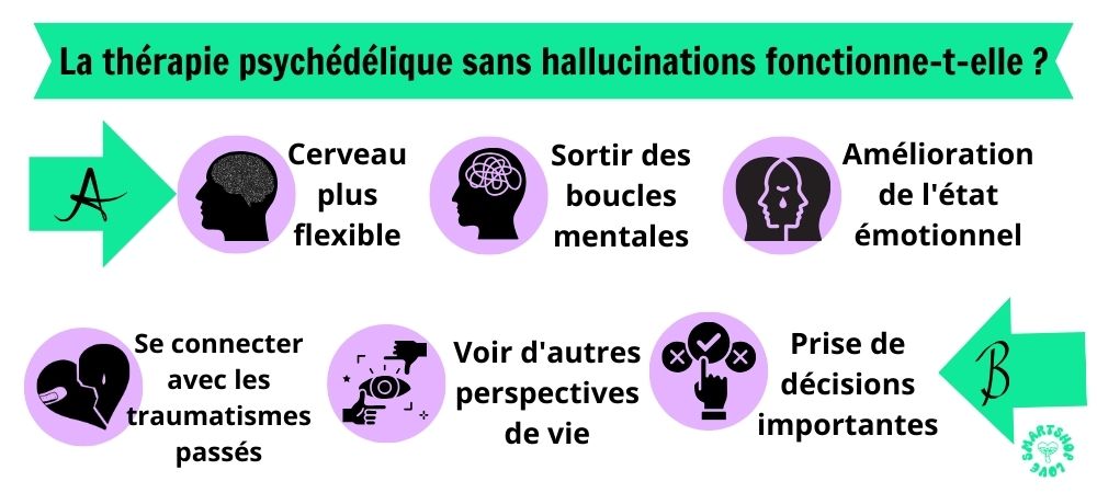 infographie montrant si la thérapie psychédélique fonctionne sans hallucinations et si elle fonctionne avec des hallucinations