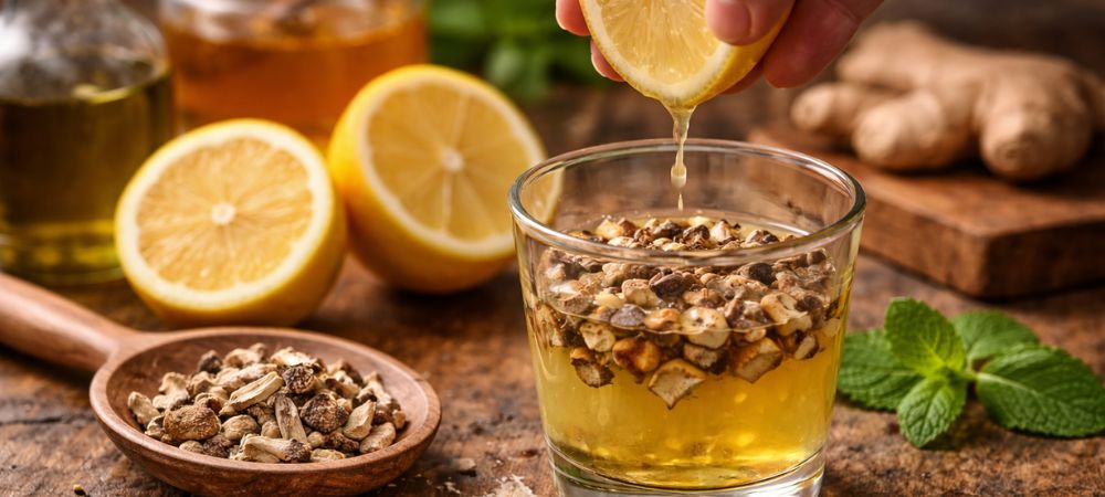 Infusión de setas alucinógenas preparada con limón y jengibre, mostrada en un vaso durante su elaboración
