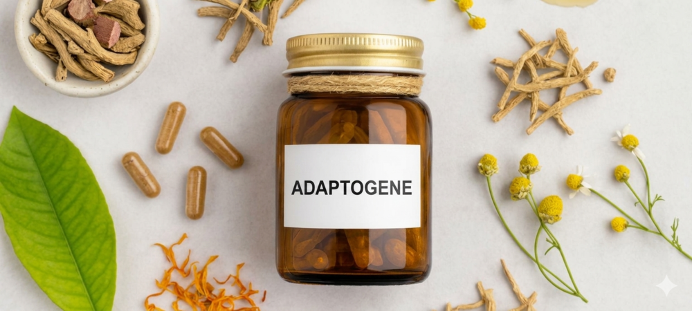 A bottle of adaptogen capsules surrounded by medicinal plants such as ashwagandha, ginseng, and chamomile, symbolizing natural well-being and support for stress relief.