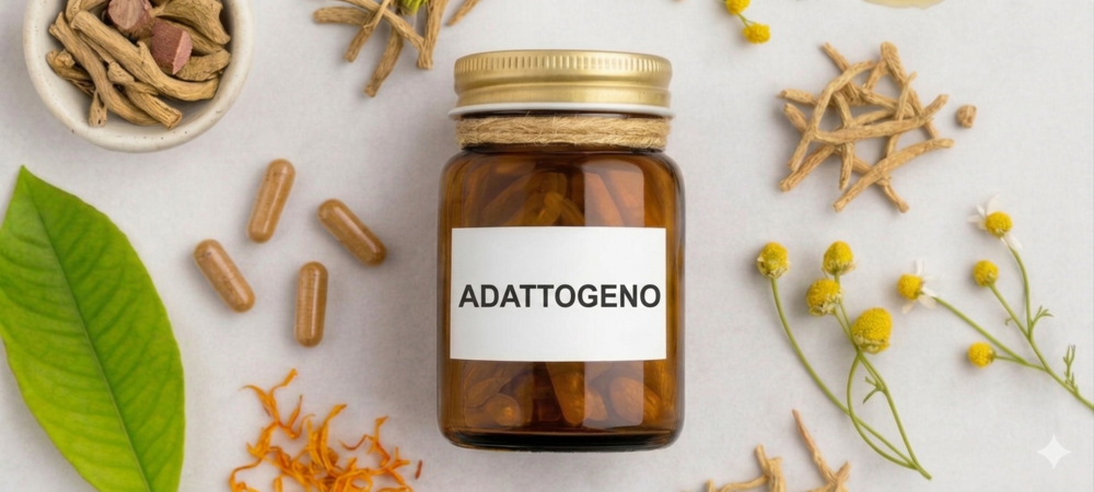 Flacone di capsule di adattogeni circondato da piante medicinali come l'ashwagandha, il ginseng e la camomilla, a simboleggiare il benessere naturale e il sostegno contro lo stress.