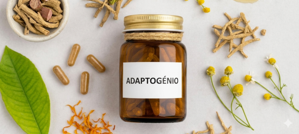 Frasco de cápsulas de adaptógenos rodeado por plantas medicinais como ashwagandha, ginseng e camomila, simbolizando o bem-estar natural e o apoio contra o stress.