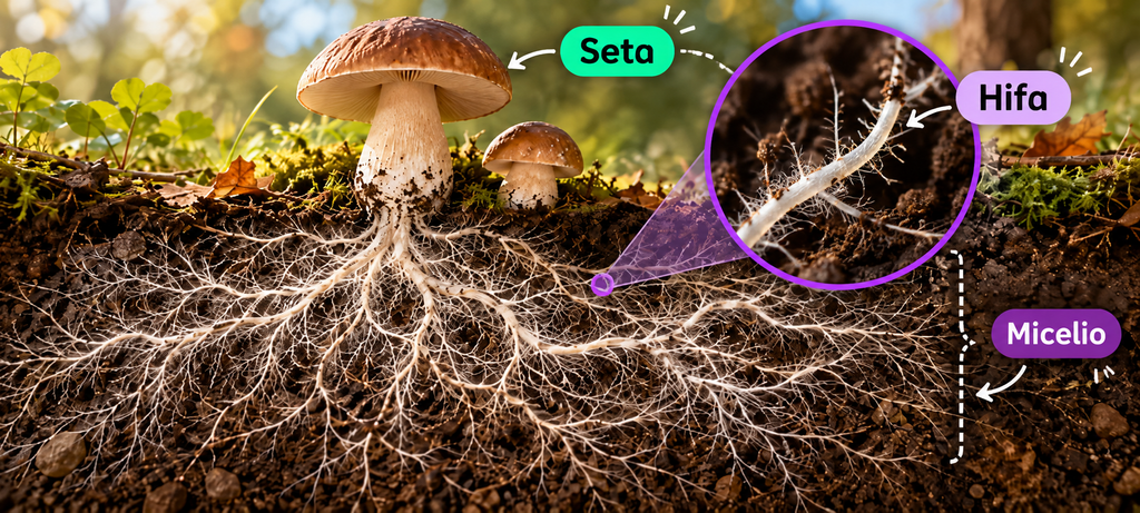 Hifa y micelio bajo el suelo conectados con las setas