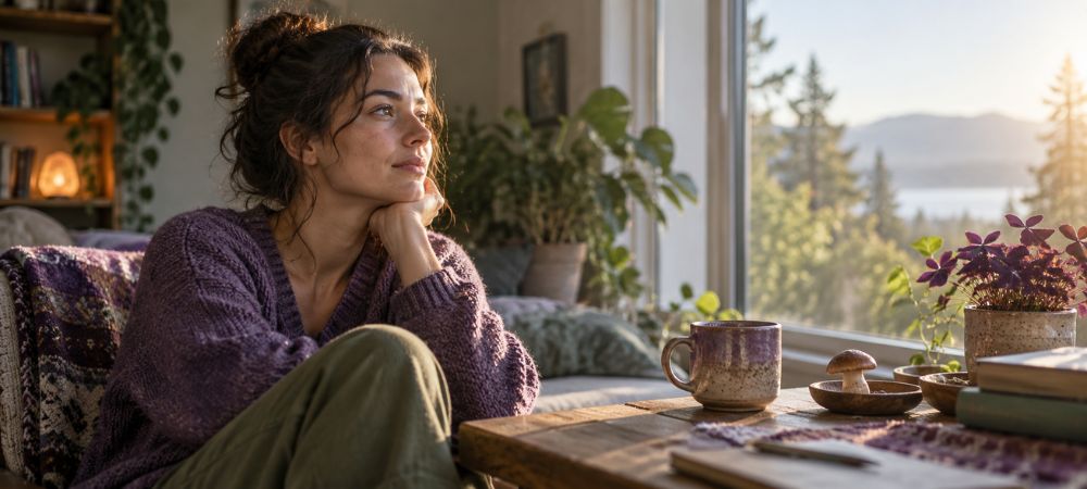 Persona sentada junto a una ventana mientras reflexiona sobre la relación entre psilocibina y depresión